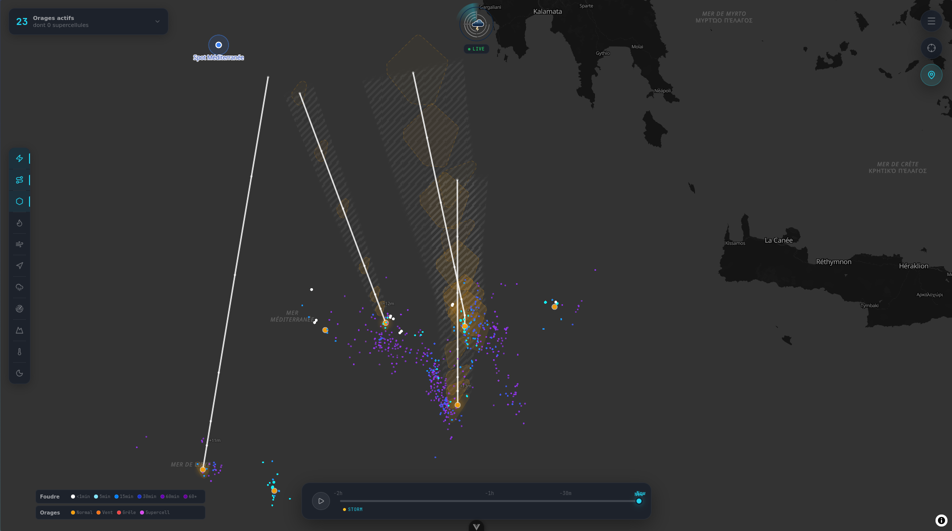 Trajectoires d'orages avec corridors de danger