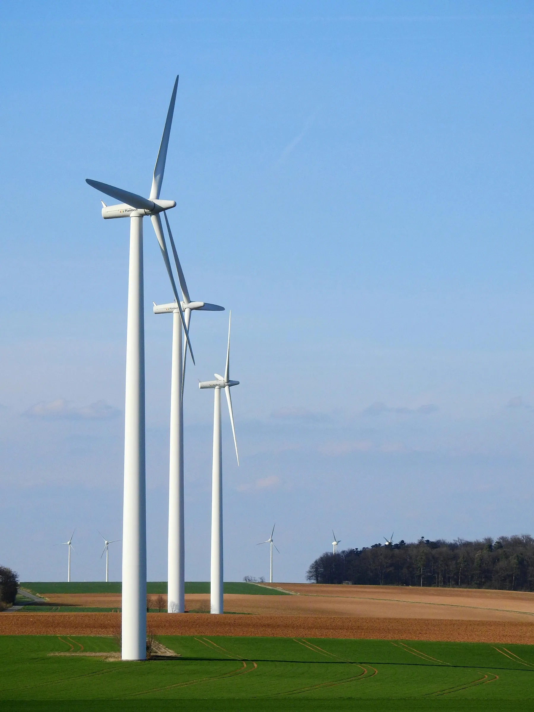 Parc d'éoliennes blanches sur fond de ciel bleu et champ vert